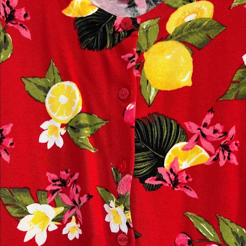 CJ Banks Women’s Red Floral Spring Lemon Short Sleeve Cardigan Size XL